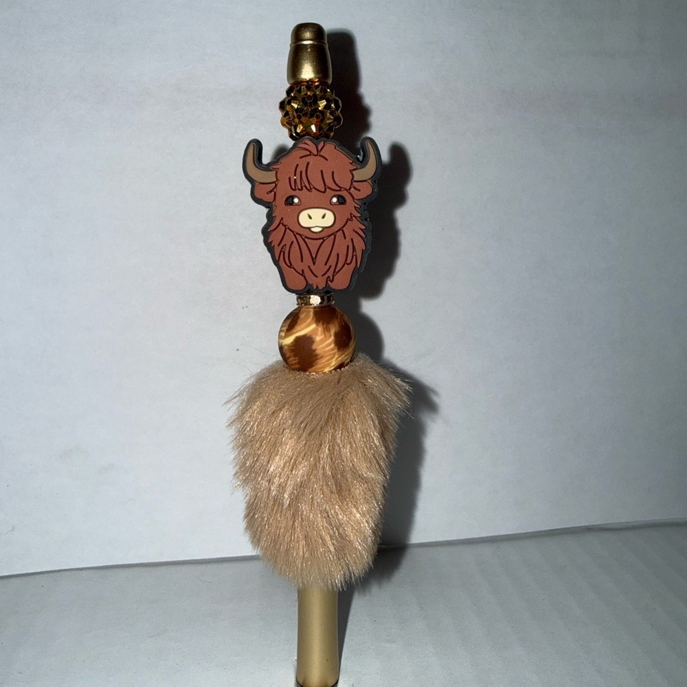 Handmade Beaded Pen- Cute Highland Calf with resin and silicone beads & fur base